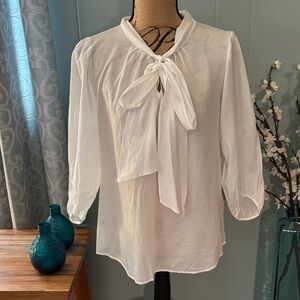 Tibi New York Tie Bow Neck Puff Sleeves Popover Blouse
